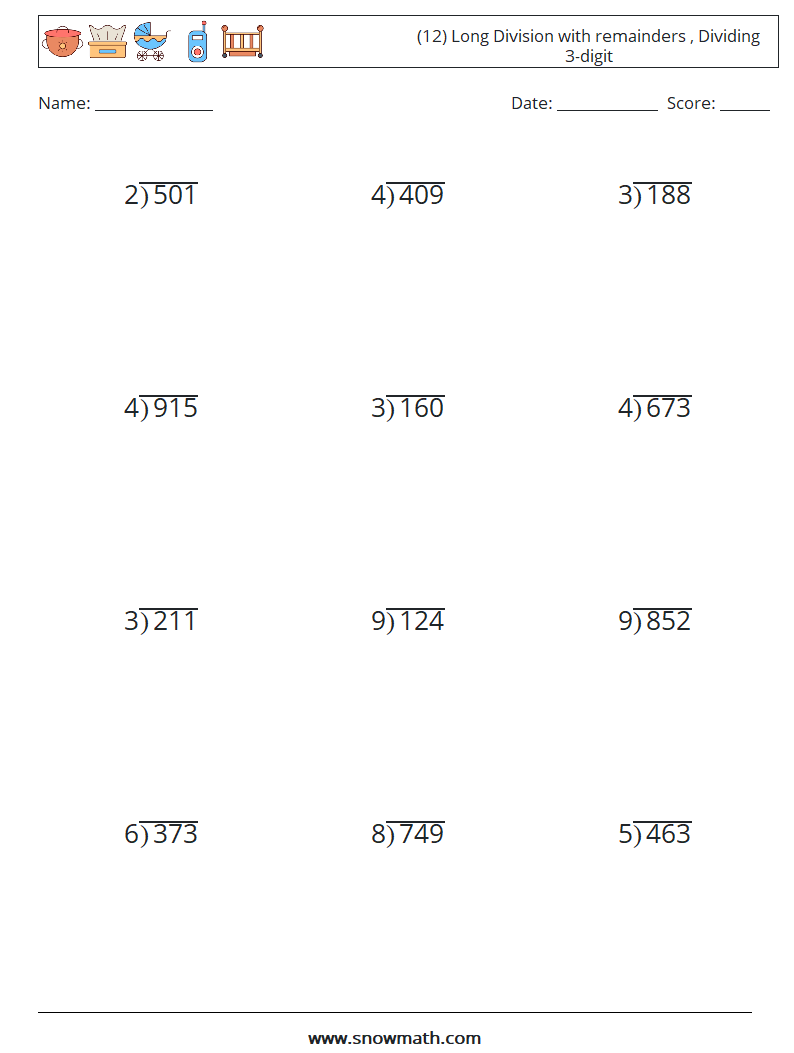 (12) Long Division with remainders , Dividing 3-digit Math Worksheets 1