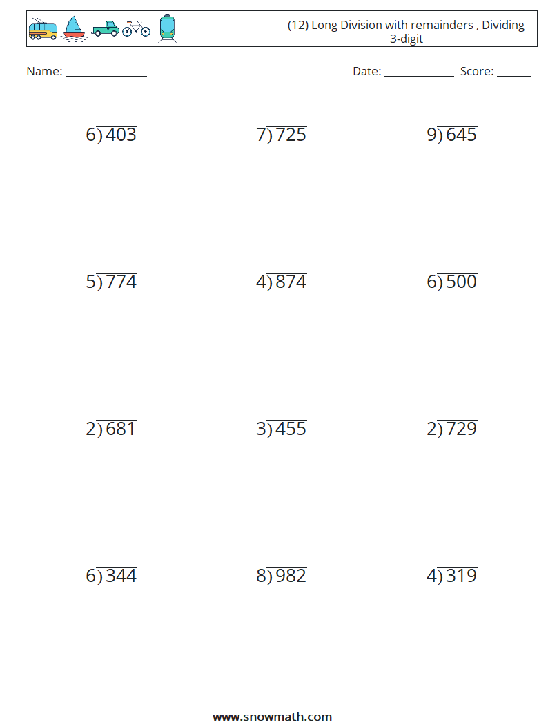 (12) Long Division with remainders , Dividing 3-digit Math Worksheets 10
