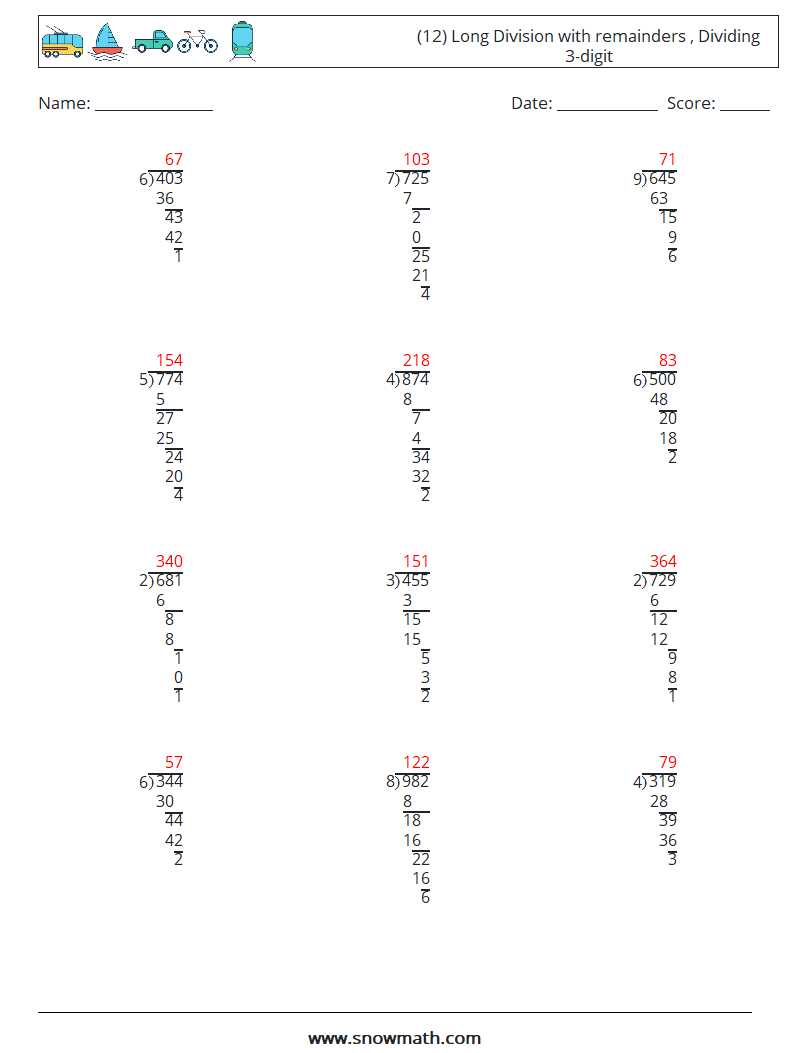 (12) Long Division with remainders , Dividing 3-digit Math Worksheets 10 Question, Answer