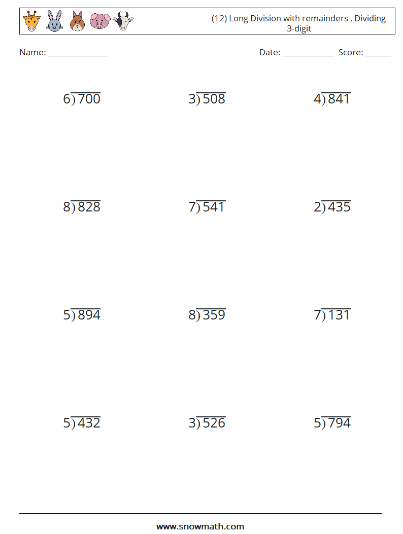 (12) Long Division with remainders , Dividing 3-digit Math Worksheets 11