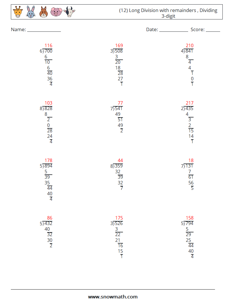 (12) Long Division with remainders , Dividing 3-digit Math Worksheets 11 Question, Answer