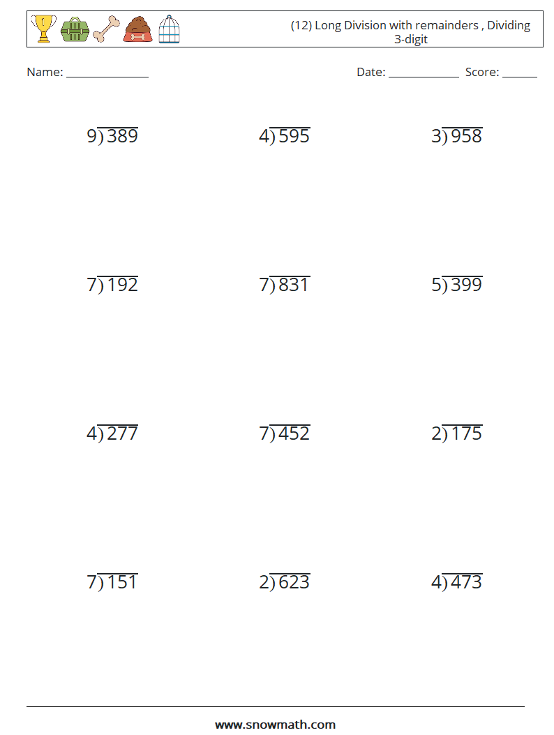 (12) Long Division with remainders , Dividing 3-digit Math Worksheets 12