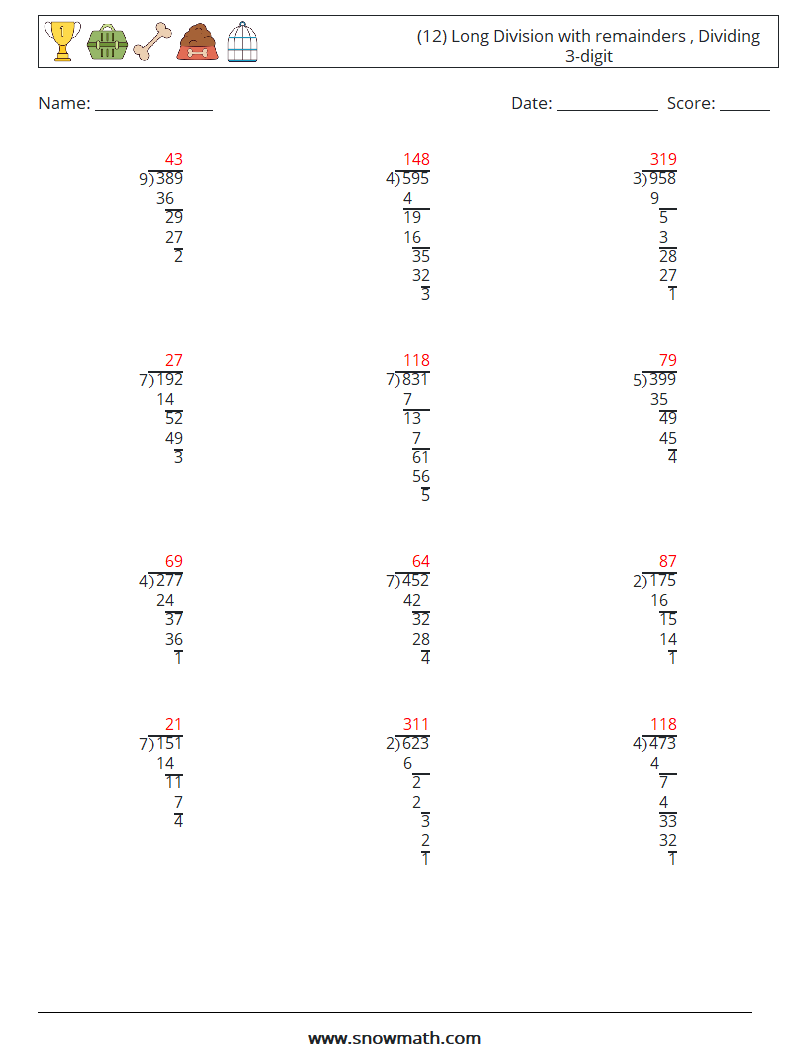 (12) Long Division with remainders , Dividing 3-digit Math Worksheets 12 Question, Answer