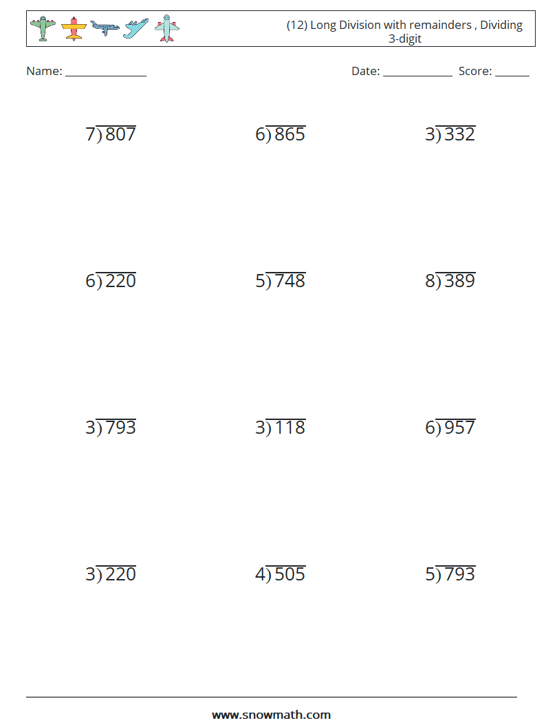 (12) Long Division with remainders , Dividing 3-digit Math Worksheets 13