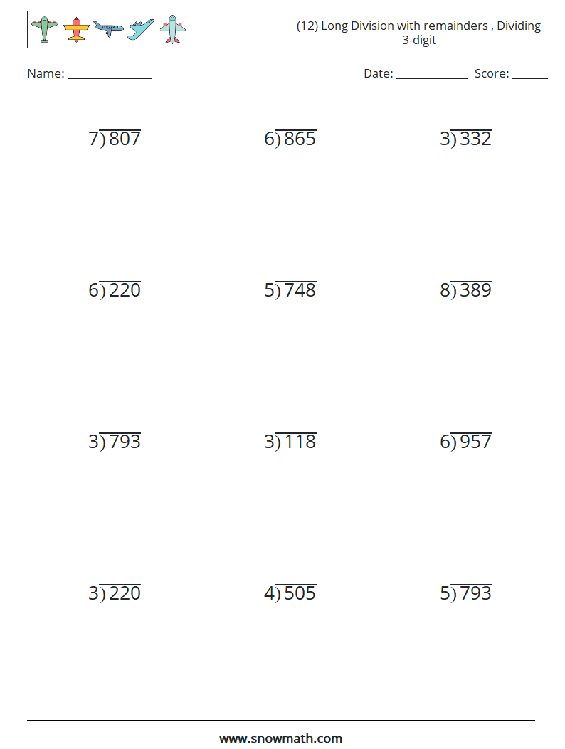 (12) Long Division with remainders , Dividing 3-digit Maths Worksheets 13