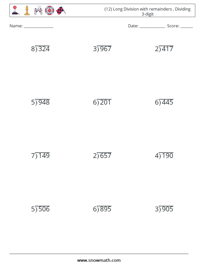 (12) Long Division with remainders , Dividing 3-digit Math Worksheets 14