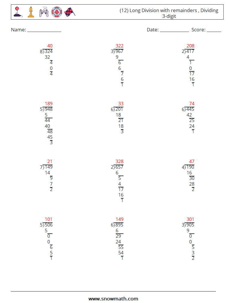 (12) Long Division with remainders , Dividing 3-digit Math Worksheets 14 Question, Answer