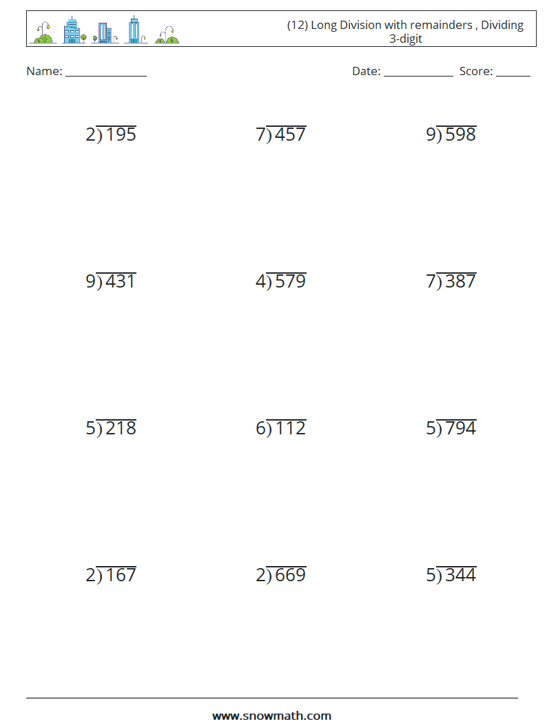 (12) Long Division with remainders , Dividing 3-digit Maths Worksheets 15