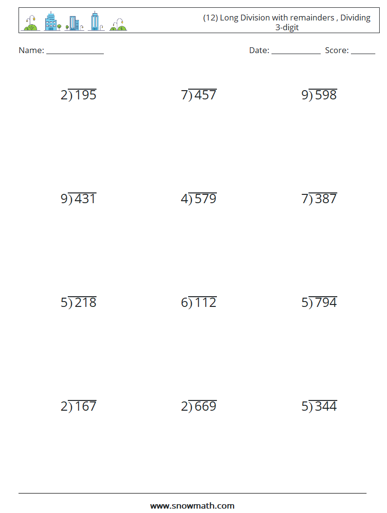 (12) Long Division with remainders , Dividing 3-digit Math Worksheets 15