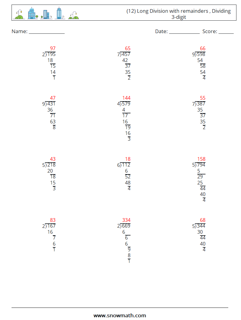 (12) Long Division with remainders , Dividing 3-digit Math Worksheets 15 Question, Answer