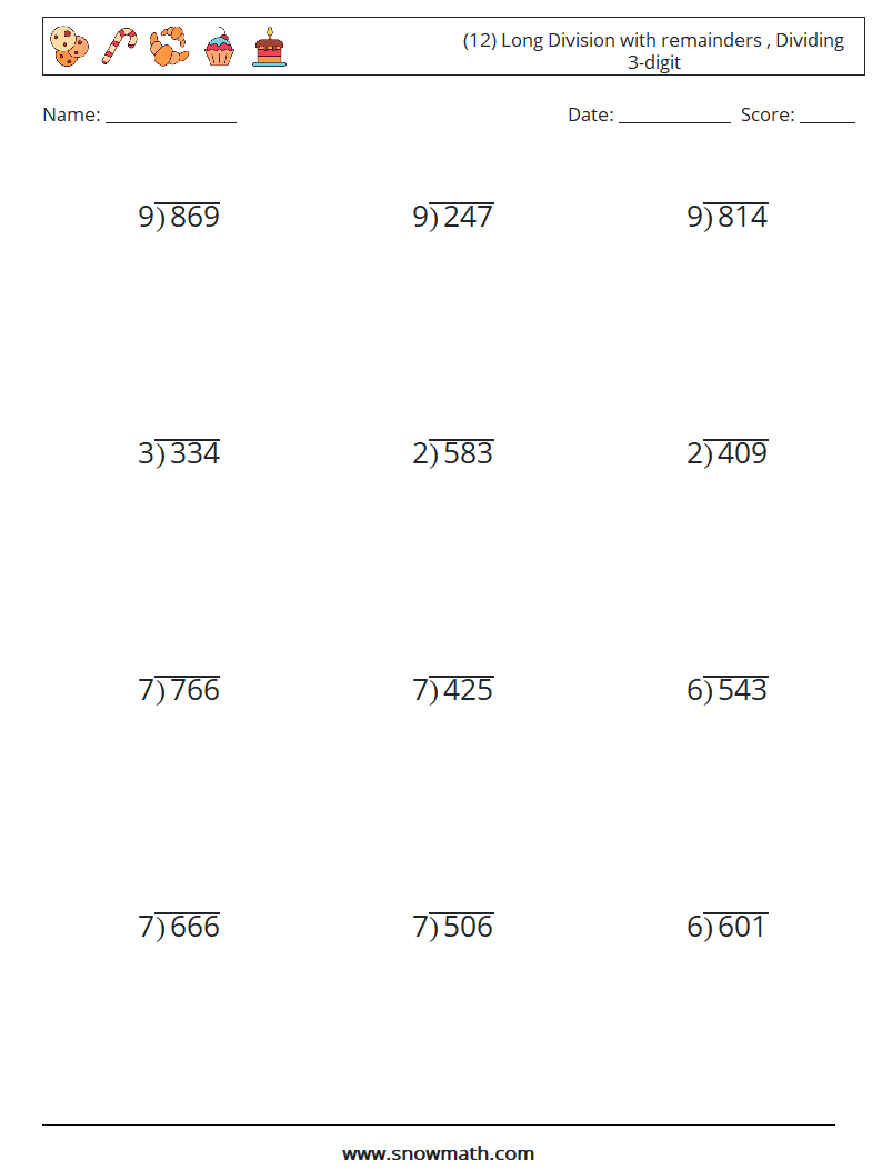 (12) Long Division with remainders , Dividing 3-digit Math Worksheets 16
