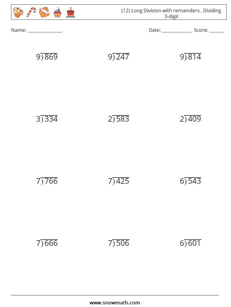 (12) Long Division with remainders , Dividing 3-digit Maths Worksheets 16