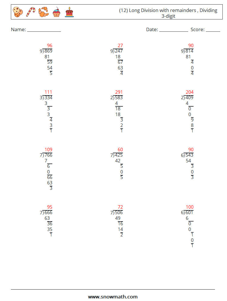 (12) Long Division with remainders , Dividing 3-digit Math Worksheets 16 Question, Answer