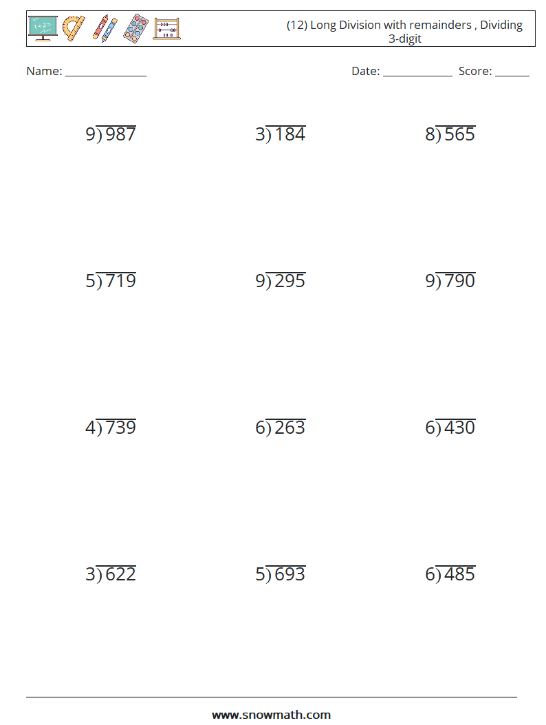 (12) Long Division with remainders , Dividing 3-digit Maths Worksheets 17