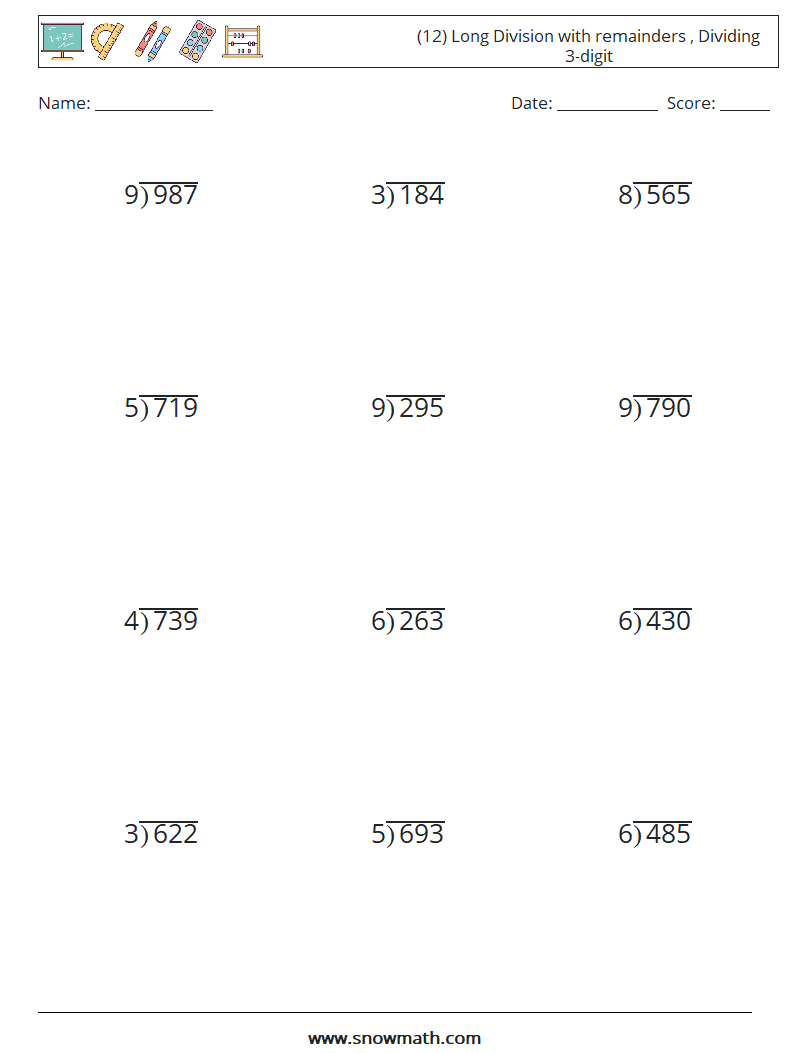 (12) Long Division with remainders , Dividing 3-digit Math Worksheets 17