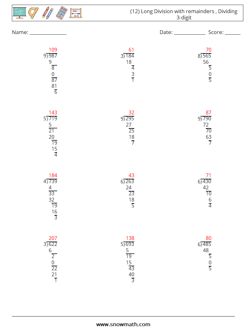 (12) Long Division with remainders , Dividing 3-digit Math Worksheets 17 Question, Answer