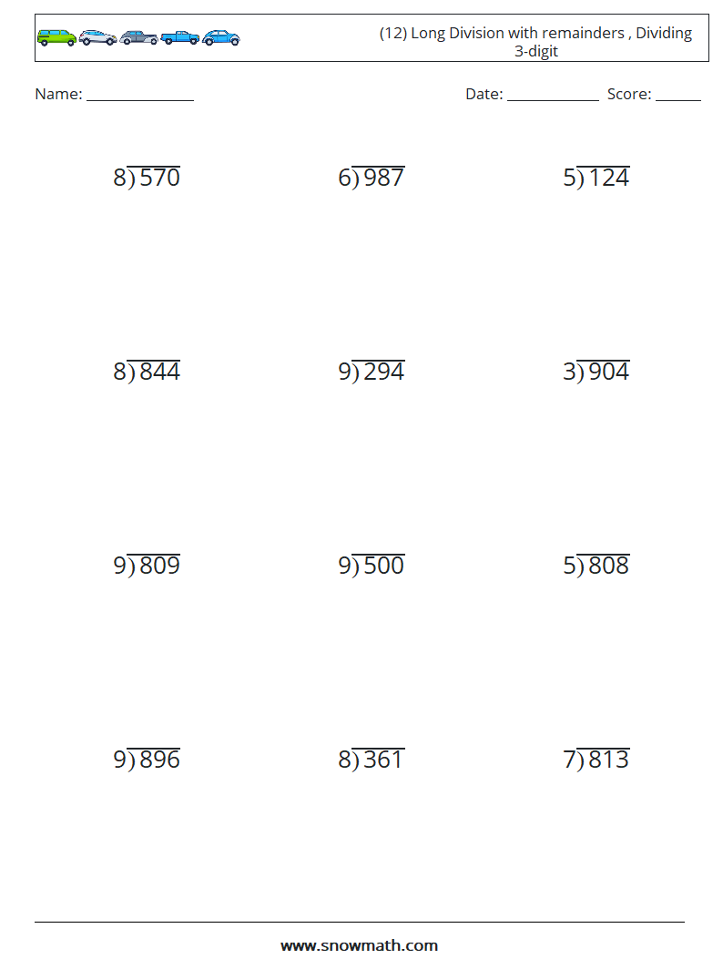 (12) Long Division with remainders , Dividing 3-digit Maths Worksheets 18