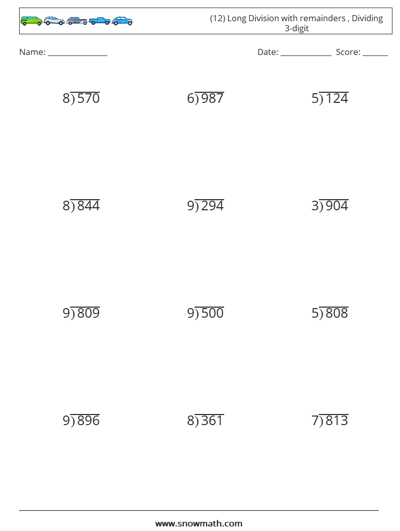 (12) Long Division with remainders , Dividing 3-digit Math Worksheets 18