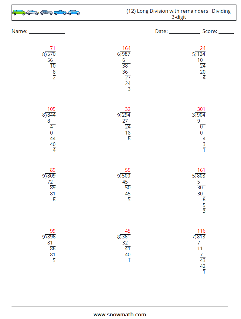 (12) Long Division with remainders , Dividing 3-digit Math Worksheets 18 Question, Answer