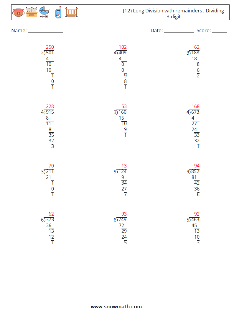 (12) Long Division with remainders , Dividing 3-digit Math Worksheets 1 Question, Answer