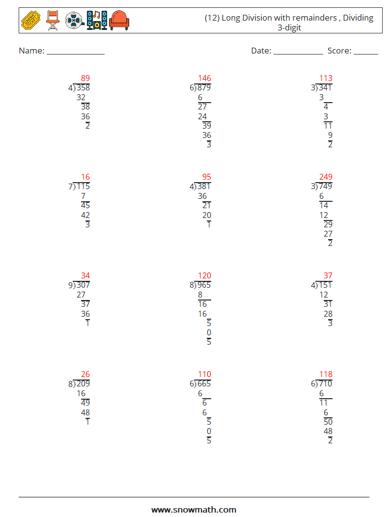 (12) Long Division with remainders , Dividing 3-digit Math Worksheets 2 Question, Answer