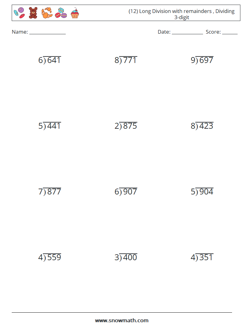 (12) Long Division with remainders , Dividing 3-digit Math Worksheets 3
