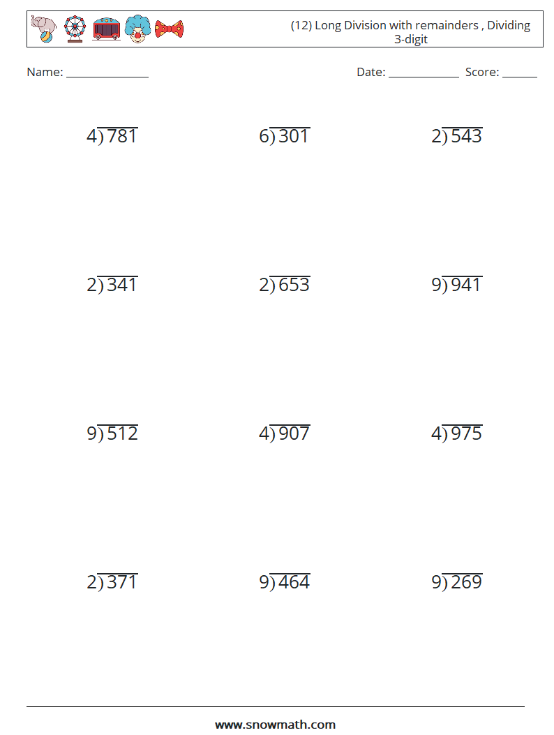 (12) Long Division with remainders , Dividing 3-digit Math Worksheets 4