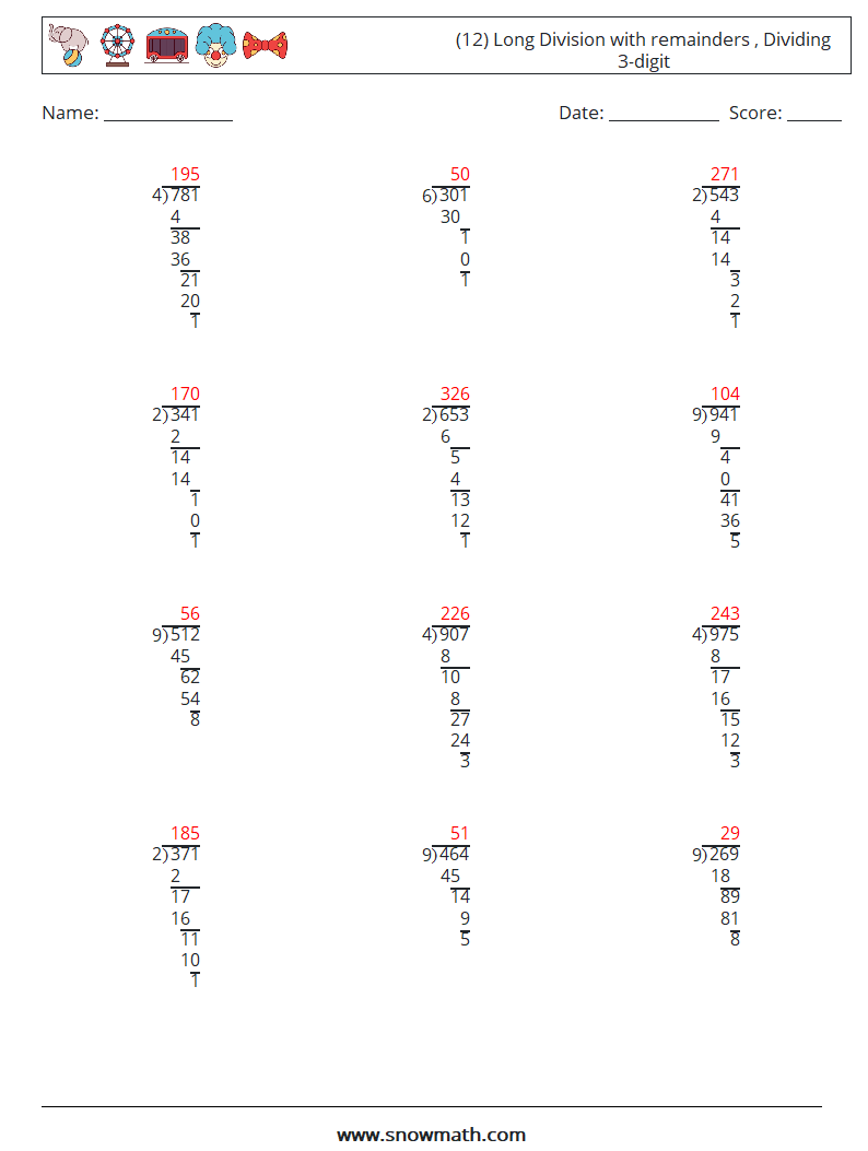 (12) Long Division with remainders , Dividing 3-digit Math Worksheets 4 Question, Answer