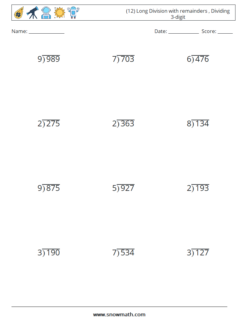 (12) Long Division with remainders , Dividing 3-digit Math Worksheets 5