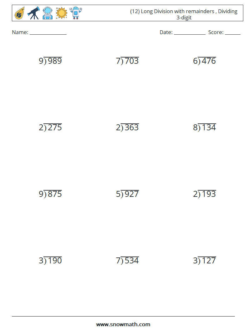 (12) Long Division with remainders , Dividing 3-digit Maths Worksheets 5