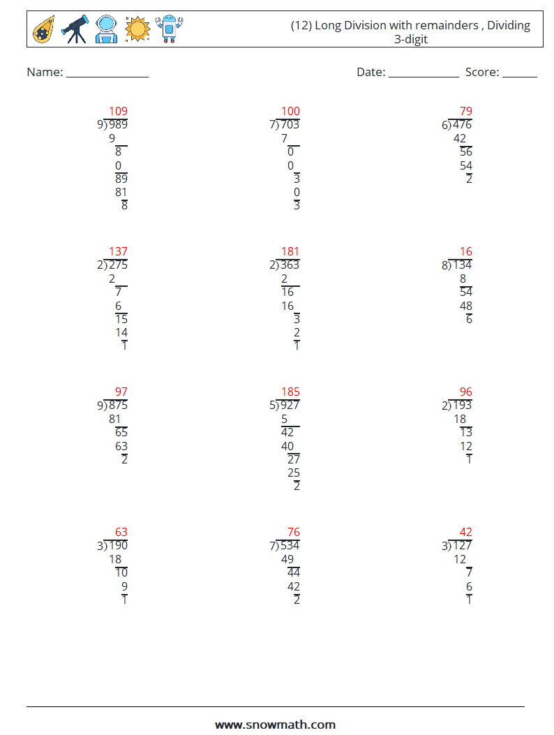 (12) Long Division with remainders , Dividing 3-digit Math Worksheets 5 Question, Answer