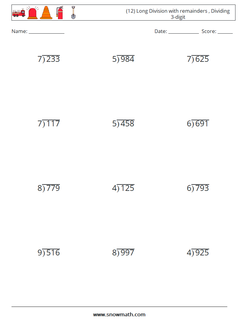 (12) Long Division with remainders , Dividing 3-digit Maths Worksheets 6