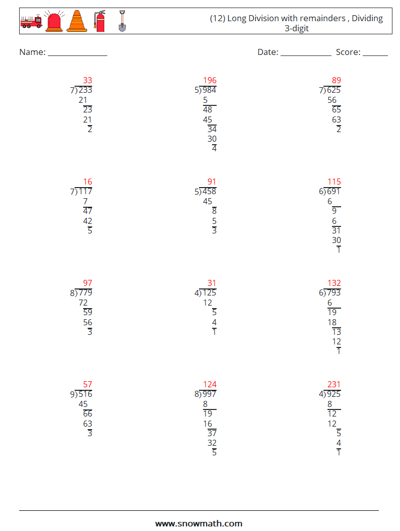 (12) Long Division with remainders , Dividing 3-digit Math Worksheets 6 Question, Answer