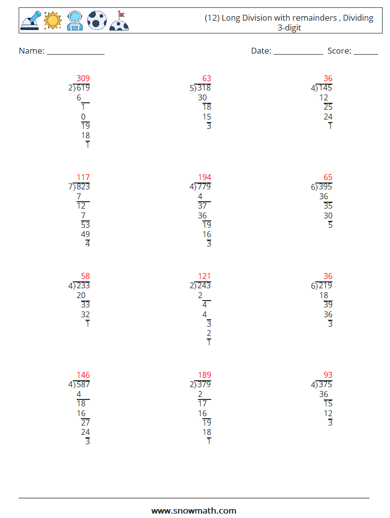 (12) Long Division with remainders , Dividing 3-digit Math Worksheets 7 Question, Answer