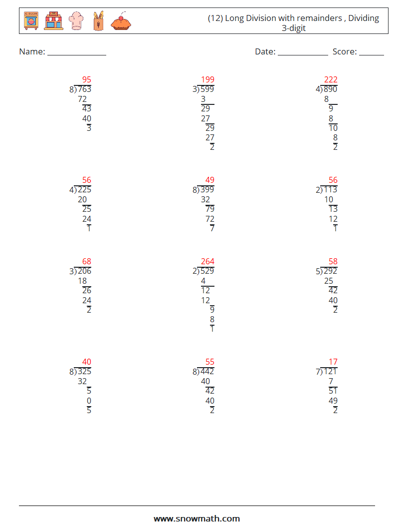 (12) Long Division with remainders , Dividing 3-digit Math Worksheets 8 Question, Answer