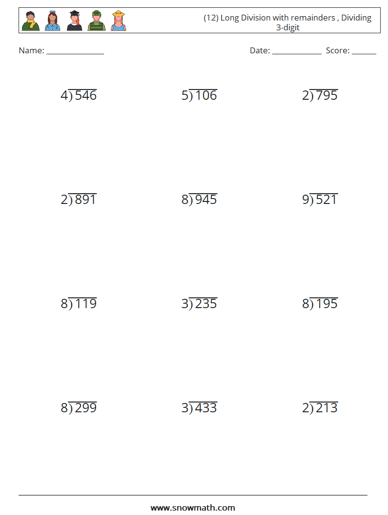 (12) Long Division with remainders , Dividing 3-digit Math Worksheets 9
