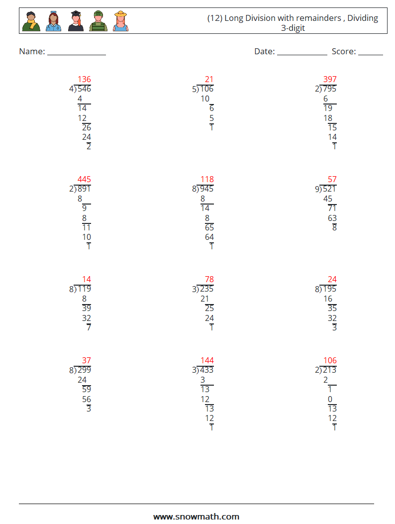 (12) Long Division with remainders , Dividing 3-digit Math Worksheets 9 Question, Answer