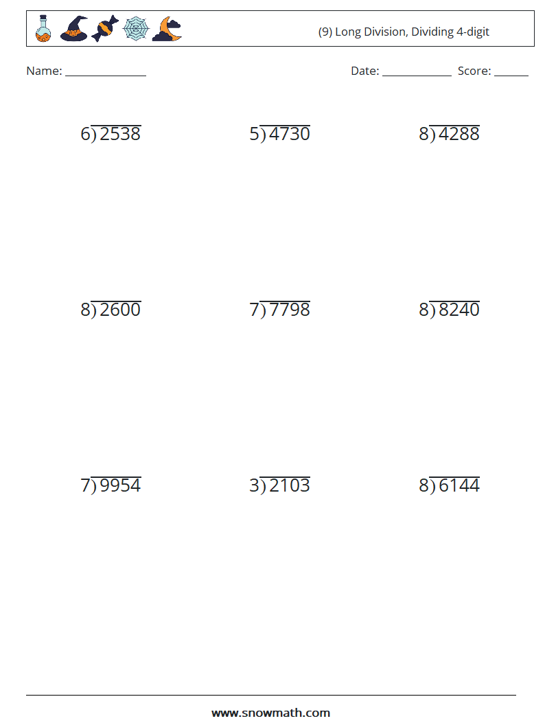 (9) Long Division, Dividing 4-digit Math Worksheets 1