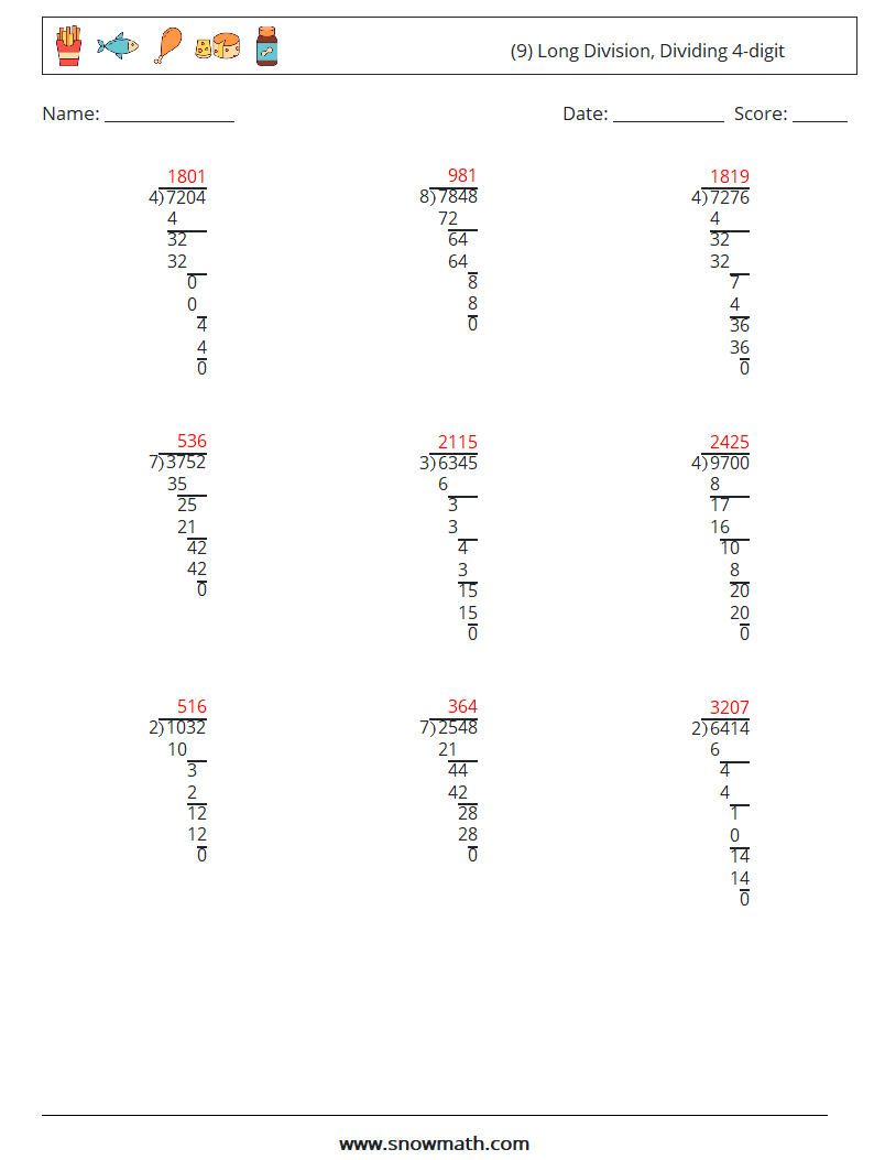 (9) Long Division, Dividing 4-digit Math Worksheets 10 Question, Answer