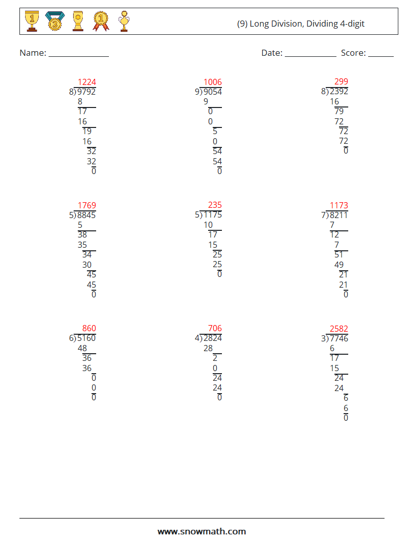 (9) Long Division, Dividing 4-digit Math Worksheets 11 Question, Answer