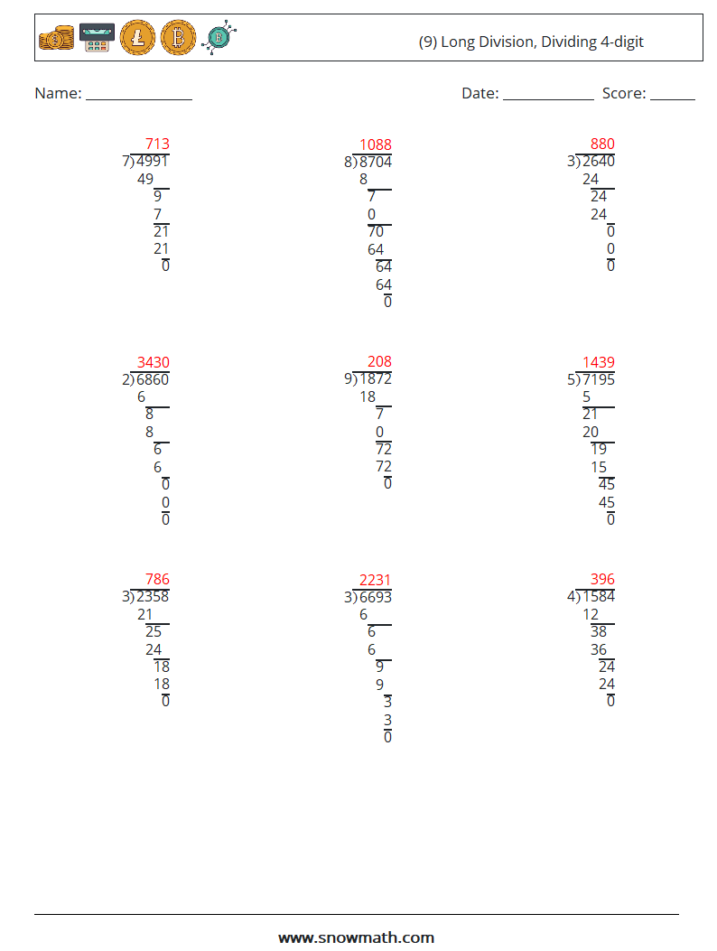 (9) Long Division, Dividing 4-digit Math Worksheets 12 Question, Answer