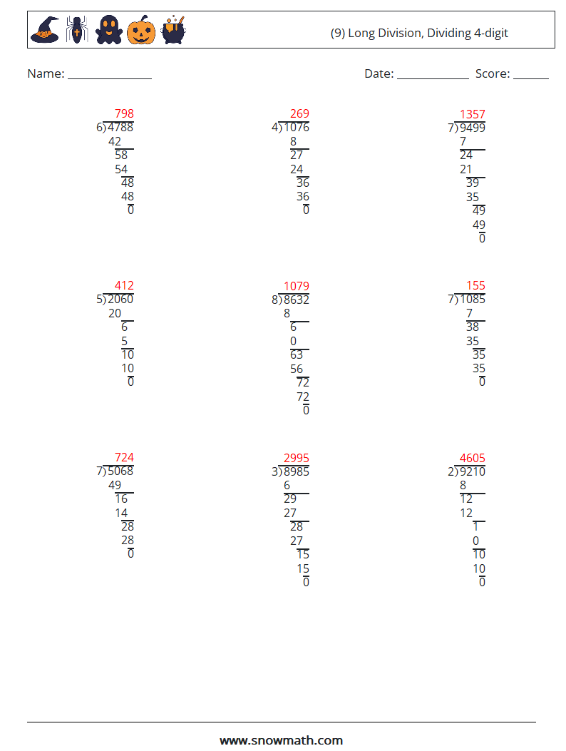 (9) Long Division, Dividing 4-digit Math Worksheets 13 Question, Answer