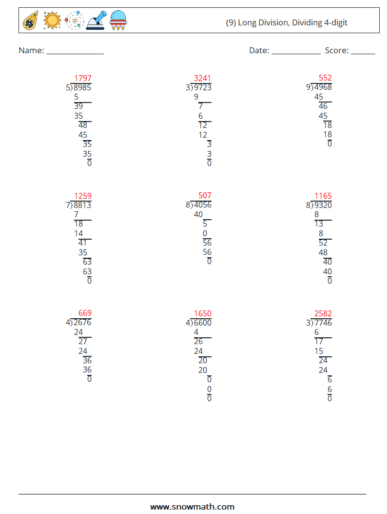 (9) Long Division, Dividing 4-digit Math Worksheets 14 Question, Answer