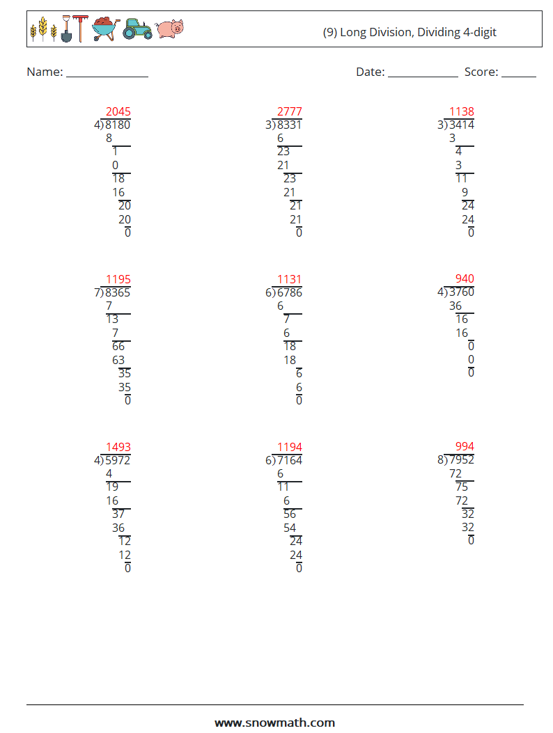 (9) Long Division, Dividing 4-digit Math Worksheets 15 Question, Answer