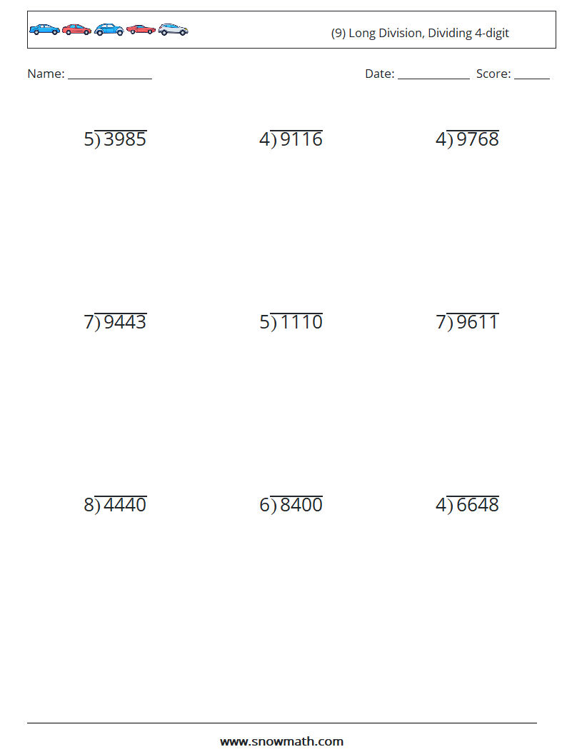 (9) Long Division, Dividing 4-digit Maths Worksheets 16