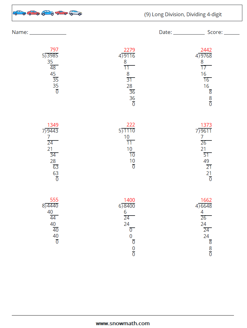 (9) Long Division, Dividing 4-digit Math Worksheets 16 Question, Answer