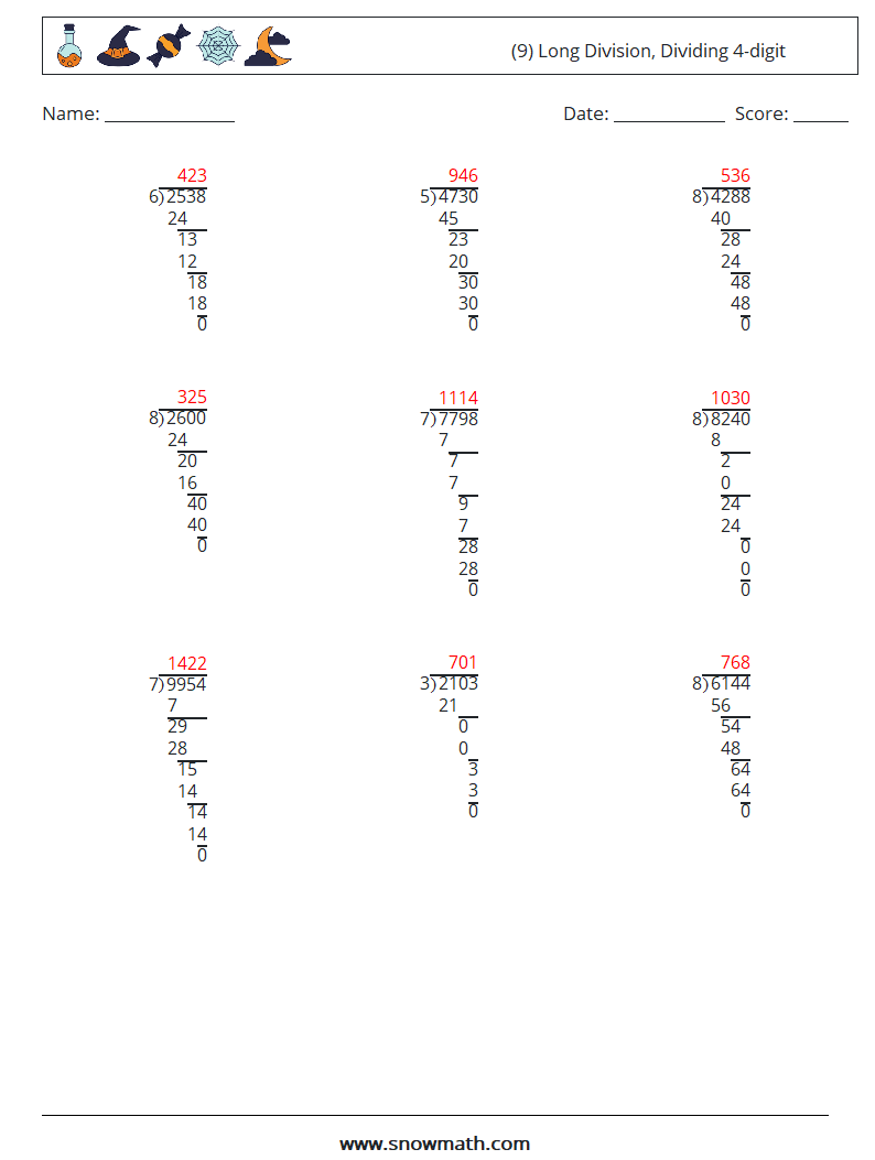 (9) Long Division, Dividing 4-digit Math Worksheets 1 Question, Answer
