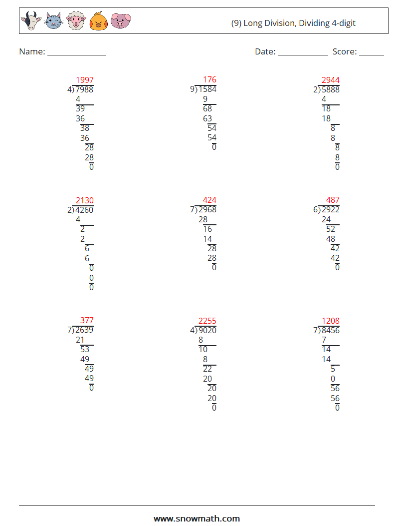 (9) Long Division, Dividing 4-digit Math Worksheets 2 Question, Answer