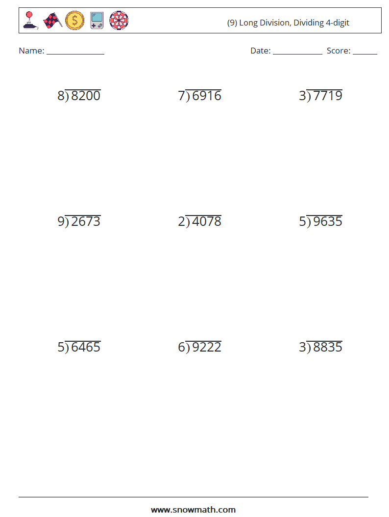 (9) Long Division, Dividing 4-digit Math Worksheets 4