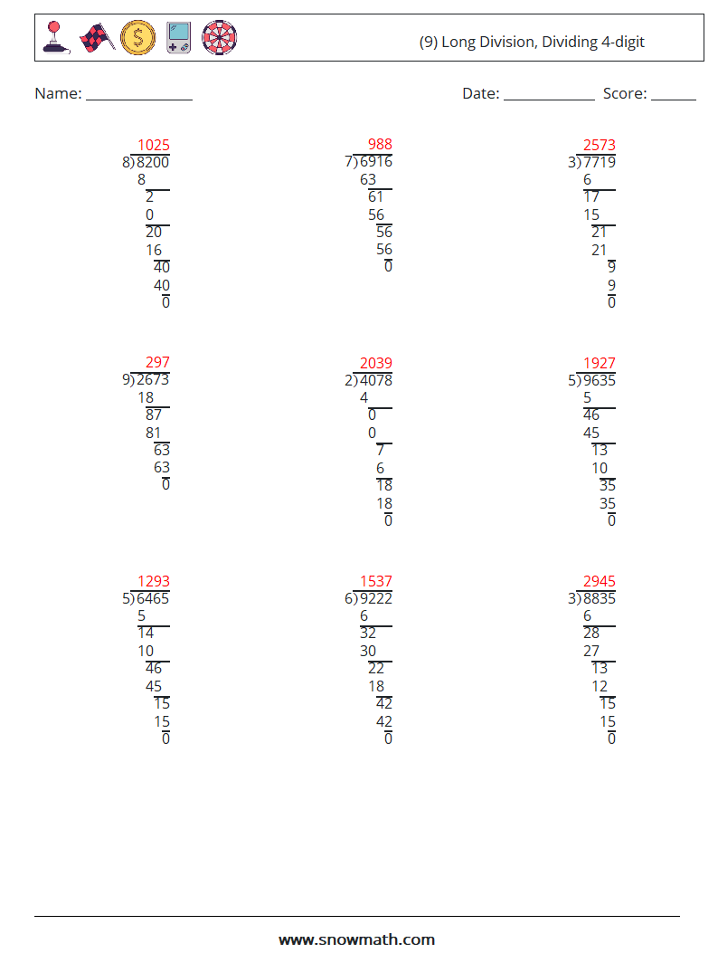 (9) Long Division, Dividing 4-digit Math Worksheets 4 Question, Answer